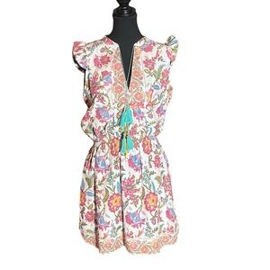 BELL FLORAL COTTON TASSEL PLUNGE NECK ROMANTIC FLORAL PINK BLUE DRESS EXC COND M